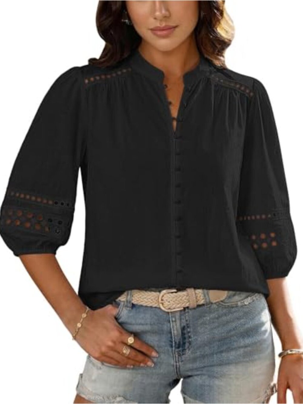 Bsubseach Women's Cotton Eyelet Blouse 3/4 Puff Sleeve Button Down Shirt